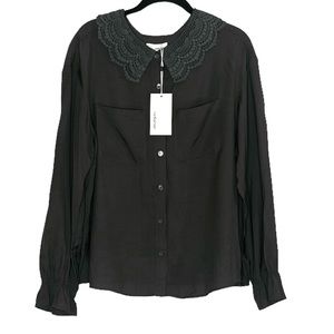 the Korner Olive Green Shirt Crochet Collar Top Blouse Office Button Up SZ Small